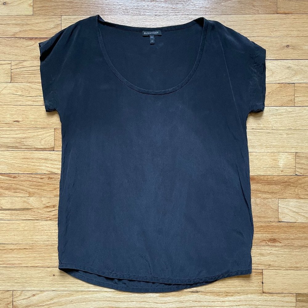 Eileen Fisher Silk Georgette Crepe Square Top, Sz XS, Black
